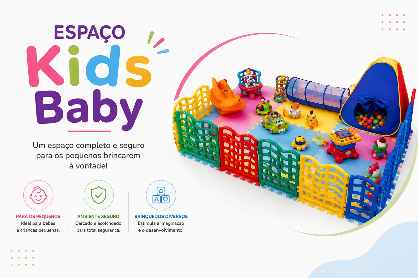 Espaço Kids Baby com cercadinho, tatames e brinquedos para crianças pequenas