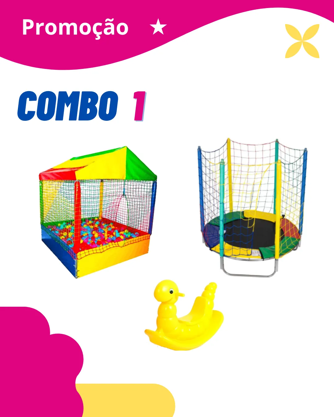 Combo 1 com Piscina de Bolinhas 1,5 m, Cama Elástica 1,5 m e Mini Gangorra de brinde