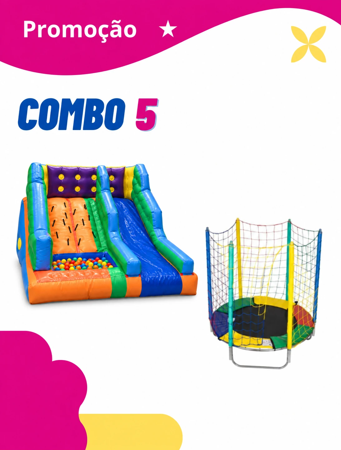 Combo 5 com Tobogã, Escalada, Piscina de Bolinhas e Cama Elástica 1,5 m