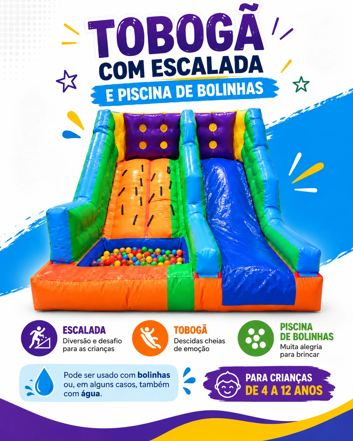 Tobogã com escalada e piscina de bolinhas para aluguel